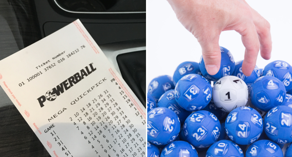 Left image of a Powerball Mega QuickPick lotto ticket. Right image of the balls with a Powerball.