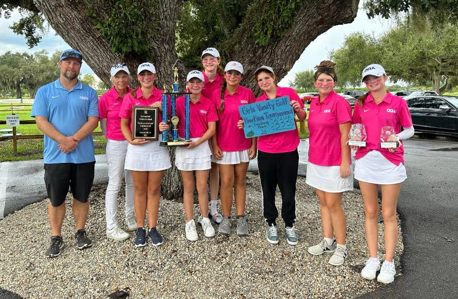 The Out-of-Door Academy girls golf team, which outshot 15 other teams to take first place at the Crutchfield/Hawkins Invitational.