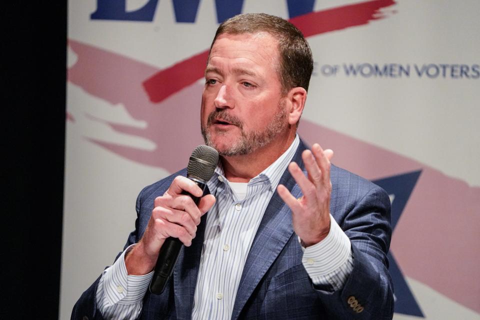 Chuck Goodrich speaks during a League of Women Voters forum on Thursday, April 4, 2024, at Anderson High School Auditorium in Anderson Ind. The forum included Republican and Democratic candidates running for the 5th Congressional District.