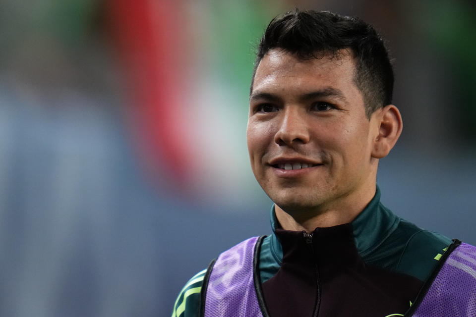 FILE - Mexico's Hirving Lozano looks on during the second half of a CONCACAF Nations League semifinals soccer match, Thursday, March 21, 2024, in Arlington, Texas. Major League Soccer expansion team San Diego FC has signed winger Hirving “Chucky” Lozano as the club's first Designated Player. Lozano signed a four-year deal through the 2028 season, the team said in its announcement on Thursday, June 6, 2024.(AP Photo/Julio Cortez, FIle)