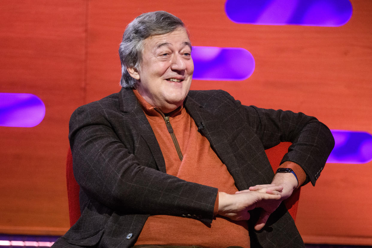 Stephen Fry during the filming for the Graham Norton Show at BBC Studioworks 6 Television Centre, Wood Lane, London, to be aired on BBC One on Friday evening. Picture date: Thursday December 3, 2020. Photo credit should read: PA Media on behalf of So TV/PA Wire