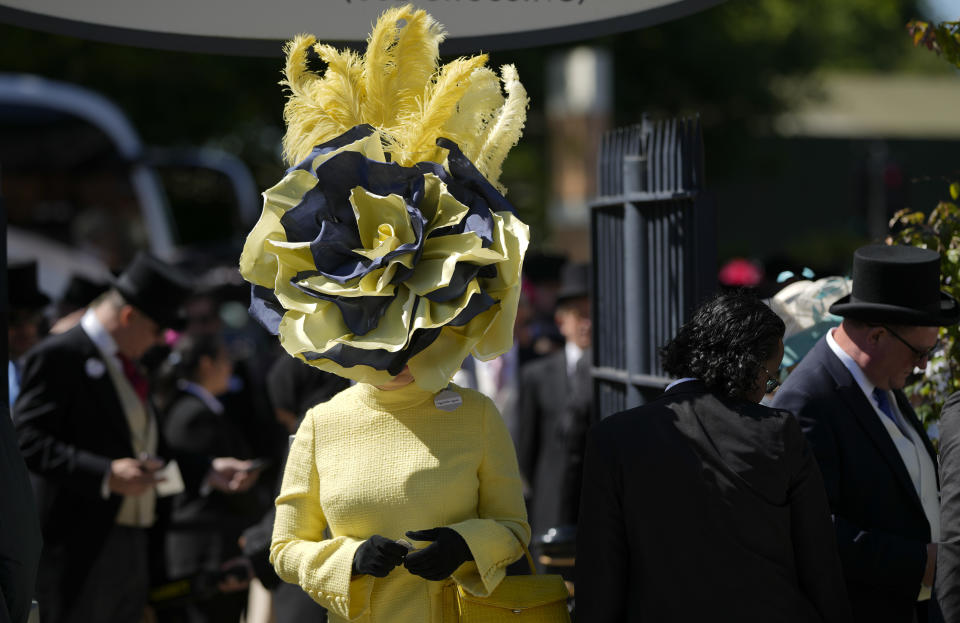 Racegoer Edite Ligere arrives for day one of the Royal Ascot horse racing meeting, at Ascot Racecourse, in Ascot, England, Tuesday June 14, 2022. (AP Photo/Alastair Grant)