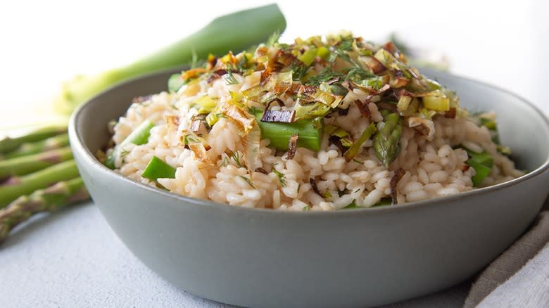 asparagus leek risotto in bowl