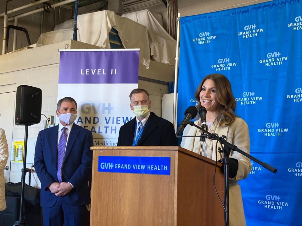 Acting Secretary of Health Keara Klinepeter speaks at Grand View Hospital in Sellersville. The medical center has received support from a state healthcare strike team.