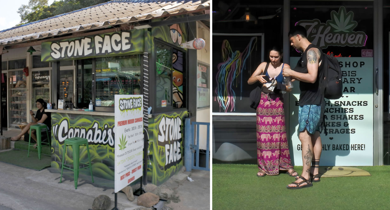 Cannabis store with a worker sitting outside (left) and two tourists standing outside a shop (right).