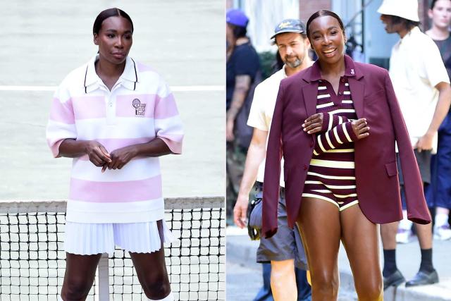 Venus Williams Poses in Front of a Tennis Court in Pink and Maroon Colored  Outfits by Lacoste