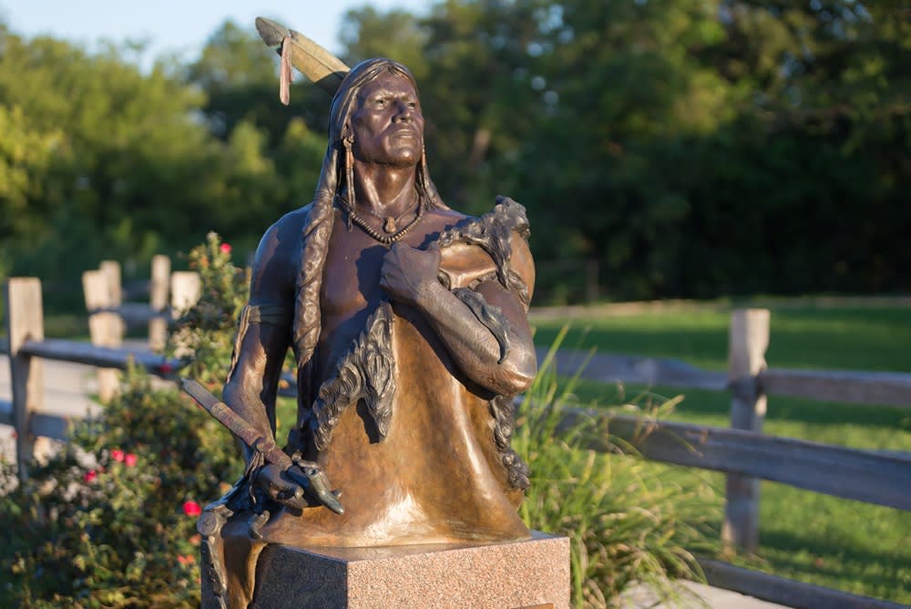 A heroic statue of Tonkawa leader Placido can be found in a San Marcos park. Where are the prominent monuments to the tribe in Austin, a city saved by the Tonkawa during the 1840s?