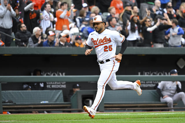 Baltimore Orioles Franchy Cordero (16) hits a single during a