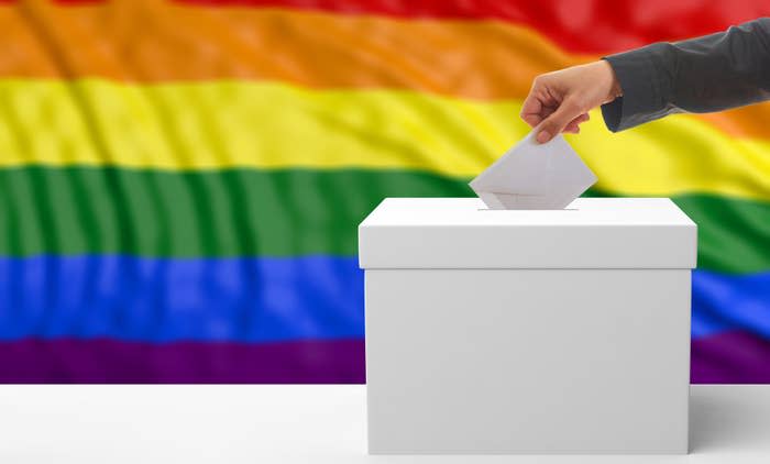 A person putting a vote in a box in front of a Pride flag