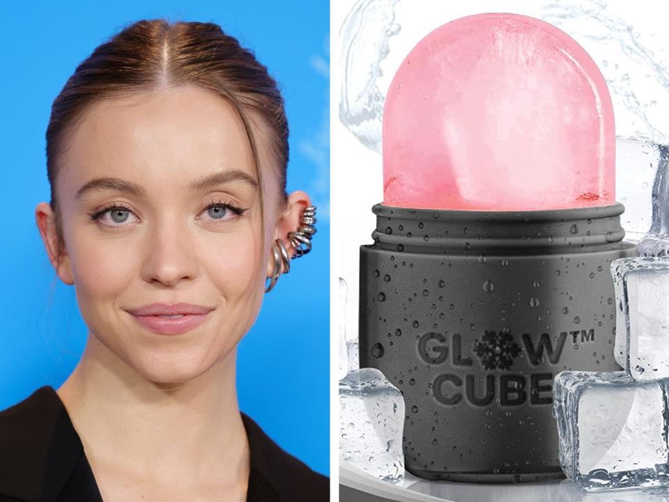 Sydney Sweeney on left; A Glow Cube roller on right