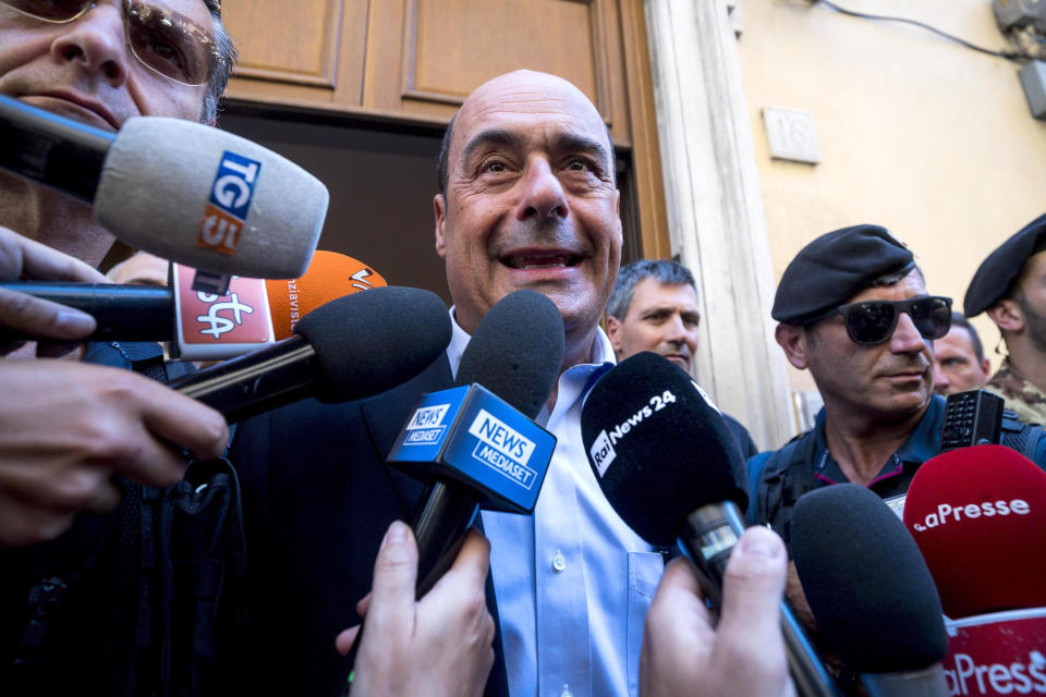 Democratic Party secretary Nicola Zingaretti talks to reporters in Rome, Wednesday, Aug. 21, 2019. Italy could see elections as early as this fall after Italian Premier Giuseppe Conte resigned amid the collapse of the 14-month-old populist government. Matteo Salvini's right-wing League party sought a no-confidence vote against Conte earlier this month, a stunningly bold move for the government's junior coalition partner. (Angelo Carconi/ANSA via AP)