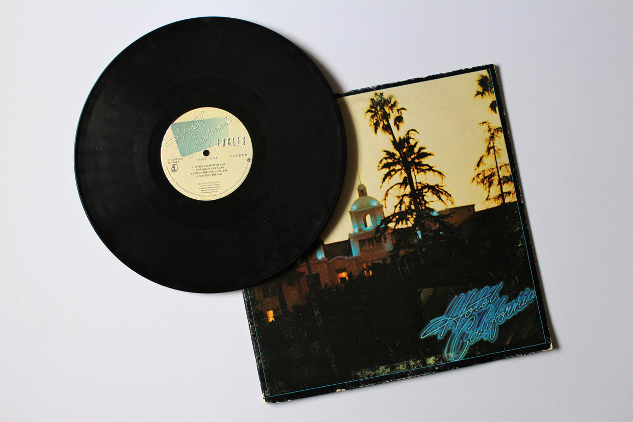 Miami, Fl, USA: Feb 21, 2021: Rock band, The Eagles music album on vinyl record LP disc. Titled: Hotel California album cover