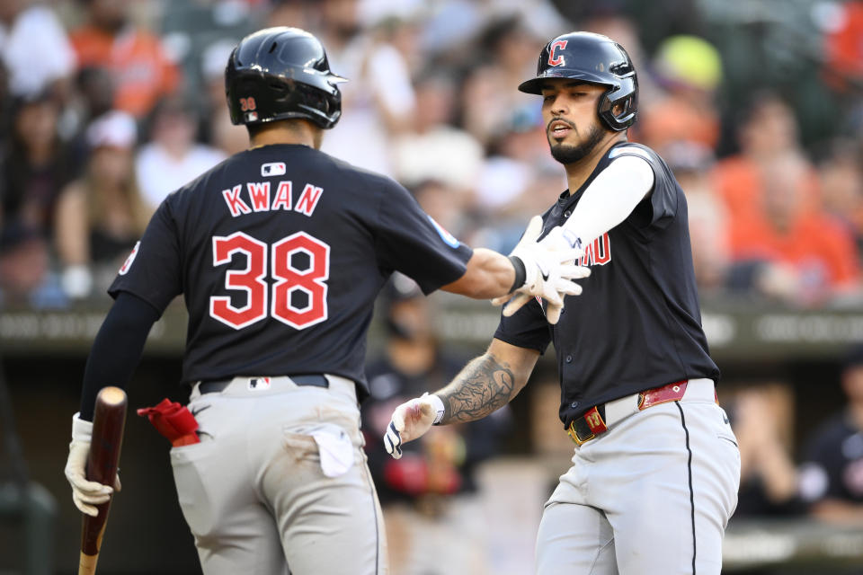 Cleveland Guardians' Gabriel Arias, right, is greeted by Steven Kwan (38) after he scored on a double by Bo Naylor during the second inning of a baseball game against the Baltimore Orioles, Monday, June 24, 2024, in Baltimore. (AP Photo/Nick Wass)