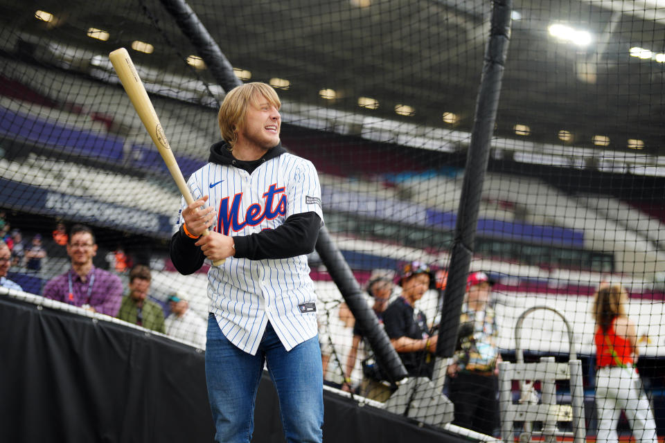 LONDON, ENGLAND - JUNE 07: Paddy Pimblett takes batting practice during the 2024 London Series Workout Day at London Stadium on Friday, June 7, 2024 in London, England.  (Photo by Daniel Shirey/MLB Photos via Getty Images)