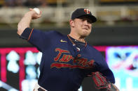 Minnesota Twins' relief pitcher Tyler Duffey throws against the Detroit Tigers in the sixth inning of a baseball game, Tuesday, Sept. 28, 2021, in Minneapolis. (AP Photo/Jim Mone)