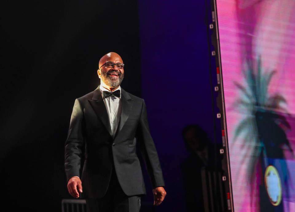 Jeffrey Wright of "American Fiction" arrives on stage to receive the Career Achievement Award during the Palm Springs International Film Awards in Palm Springs, Calif., Thursday, Jan. 4, 2024.