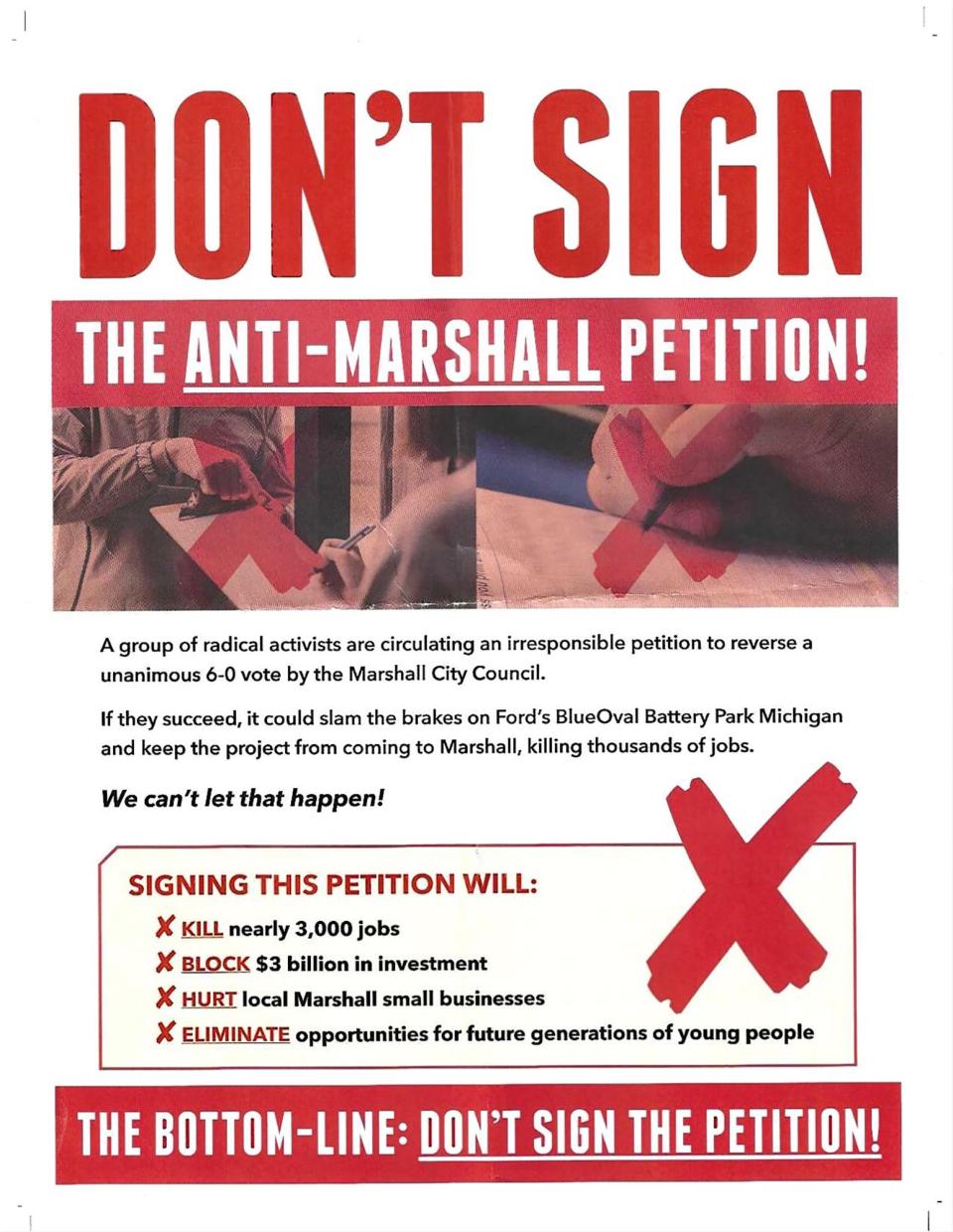 Flyers sent by a political organization that supports the Ford project near Marshall attack local opponents. The money used to pay for the ads comes from a shadowy nonprofit with ties to Michigan Democrats — allies of Gov. Gretchen Whitmer, a key champion of the project.
(Credit: Submitted)