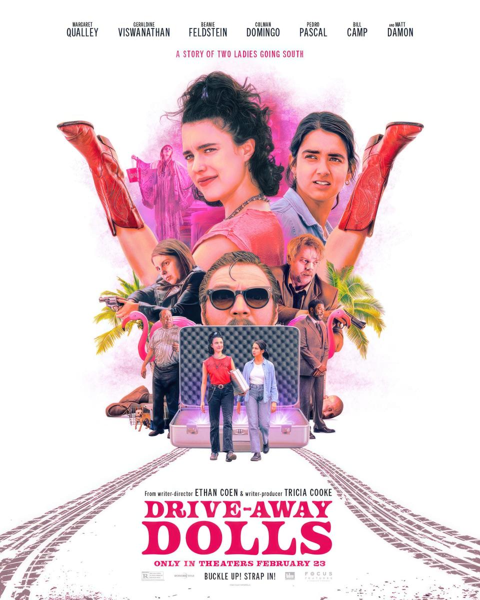 Movie poster for "Drive-Away Dolls" featuring cast with vintage convertible and graphical elements; release information included