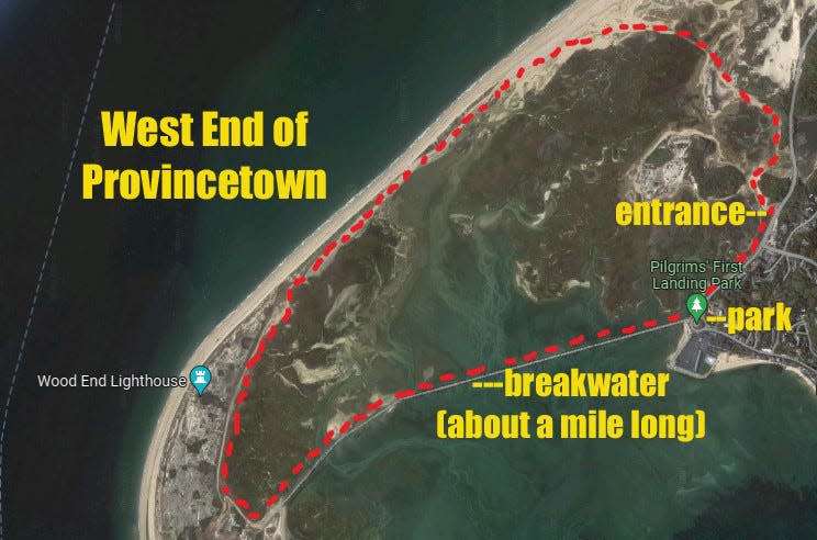 A map of my hike in Provincetown, which finished with a crossing of a mile-long breakwater.