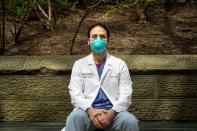 Hooman Poor, MD, an ICU doctor, poses outside Mount Sinai Hospital in Manhattan, New York