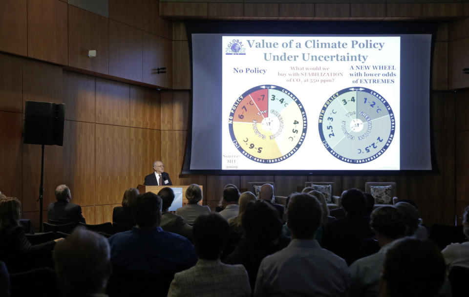 FILE - In this Oct. 27, 2015, file photo, Nobel laureate Mario Molina speaks at Carbon Neutrality Initiative on the campus of the University of California-San Diego. The Nobel Prizes starting Monday, Oct. 5, 2020, show how slow basic science pays off, even though everyone wants quick fixes to global problems. As for fixing climate change, Molina has hope that the world will be able to solve the problem because of the work that led to his 1995 Nobel Prize. He and others discovered that industrial chemicals known as chlorofluorocarbons were reaching high into the atmosphere and eating away at Earth’s protective ozone layer. (AP Photo/Lenny Ignelzi, File)