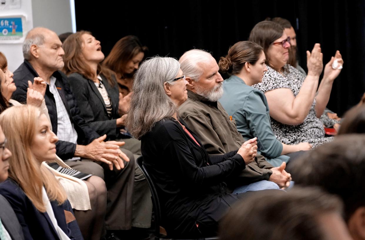 Victim's family members react to Richard Glossipbeing denied clemency but the Oklahoma Pardon and Parole Board on Wed. April 26, 2023, in Oklahoma City, Okla. 