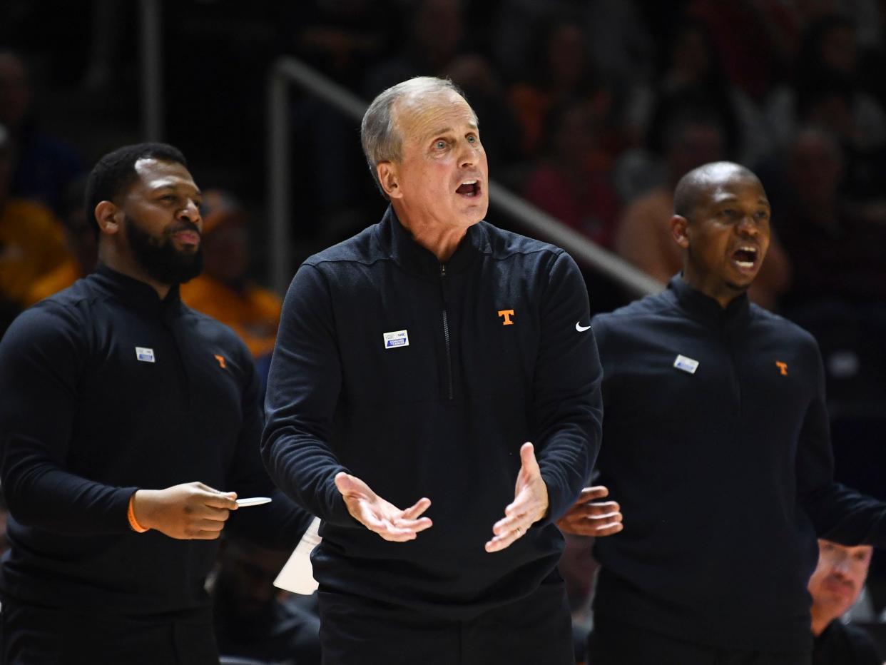 Tennessee basketball coach Rick Barnes and assistant coache Rod Clark, left, and associate head coach Justin Gainey during the NCAA college basketball game against Georgia on Wednesday, January 24, 2023 in Knoxville, Tenn. 