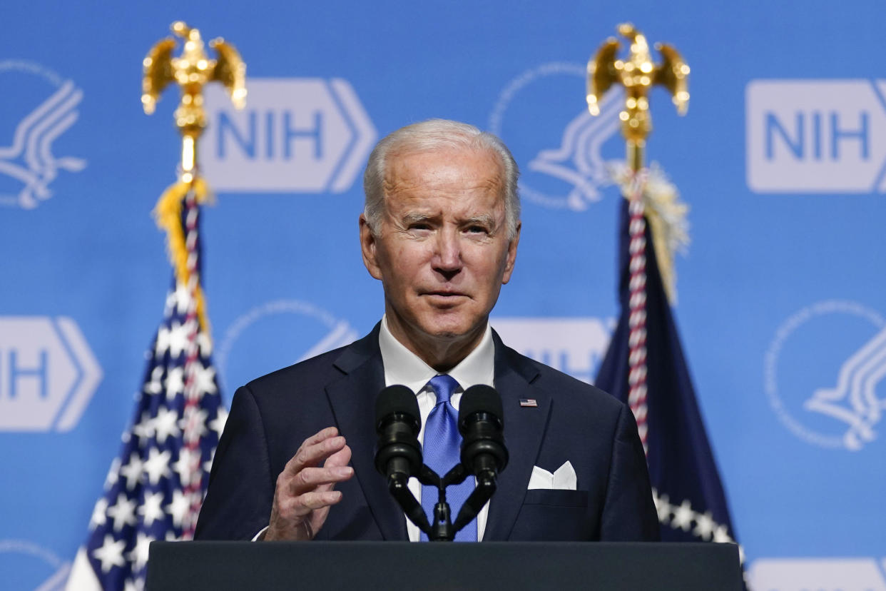 FILE - President Joe Biden speaks about the COVID-19 variant named omicron during a visit to the National Institutes of Health on Dec. 2, 2021, in Bethesda, Md. Biden plans to stress in a Dec. 21 speech the importance of getting vaccinated to protect from a wave of COVID-19 infections tied to the new omicron variant as Christmas approaches. (AP Photo/Evan Vucci, File)