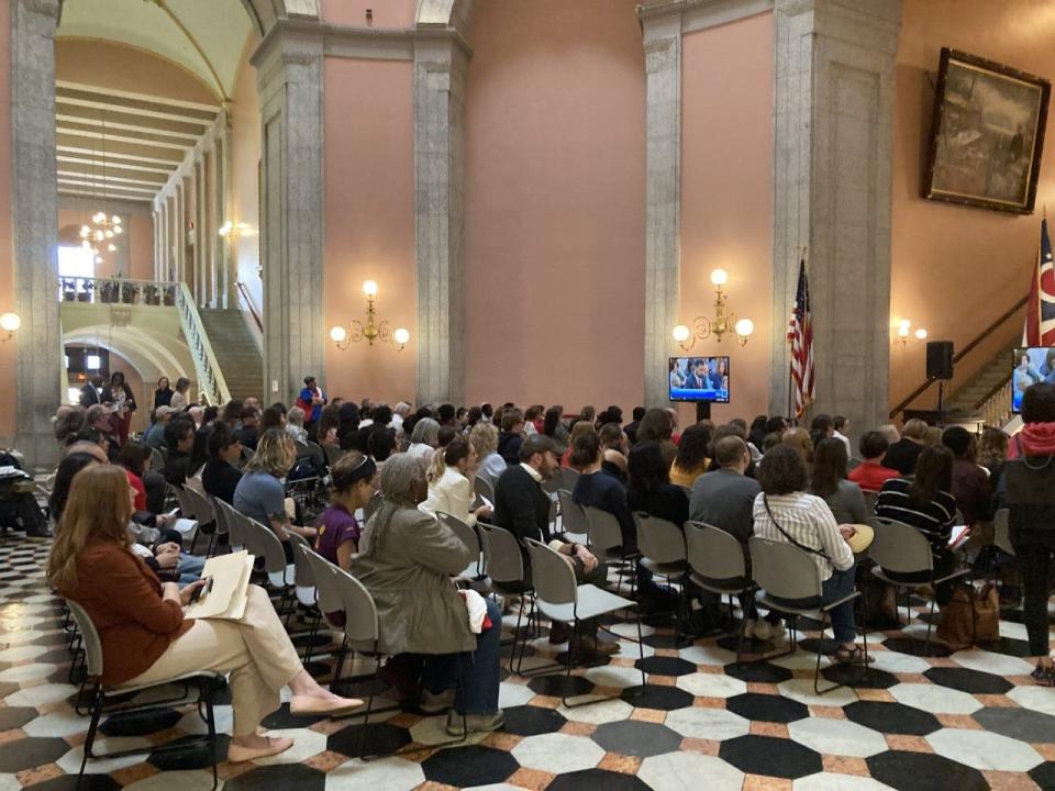 The crowd in the overflow room during an April 19 hearing for Senate Bill 83.