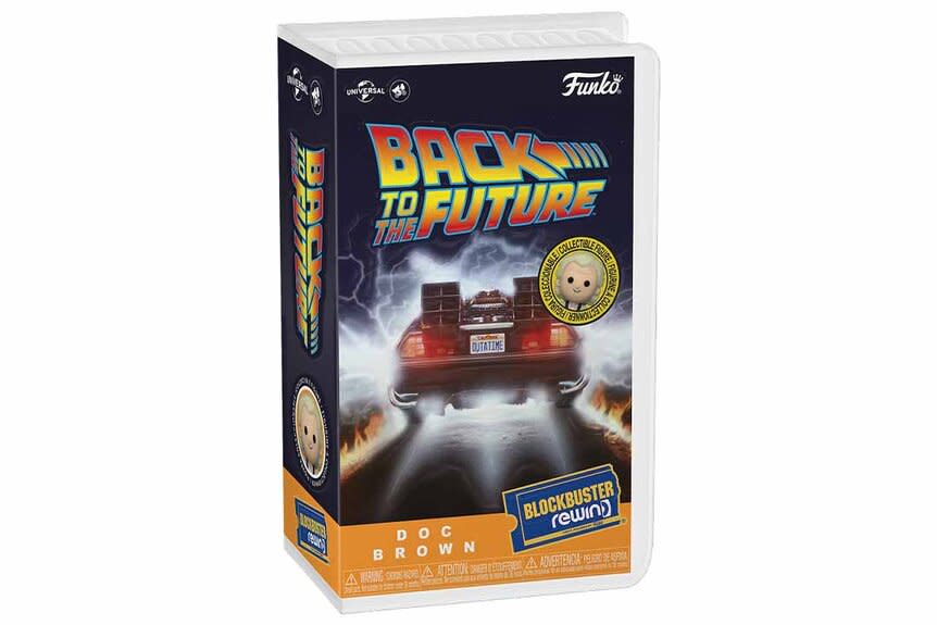 Funko REWIND's Back To The Future (1985) Doc Brown figurine's box exterior.