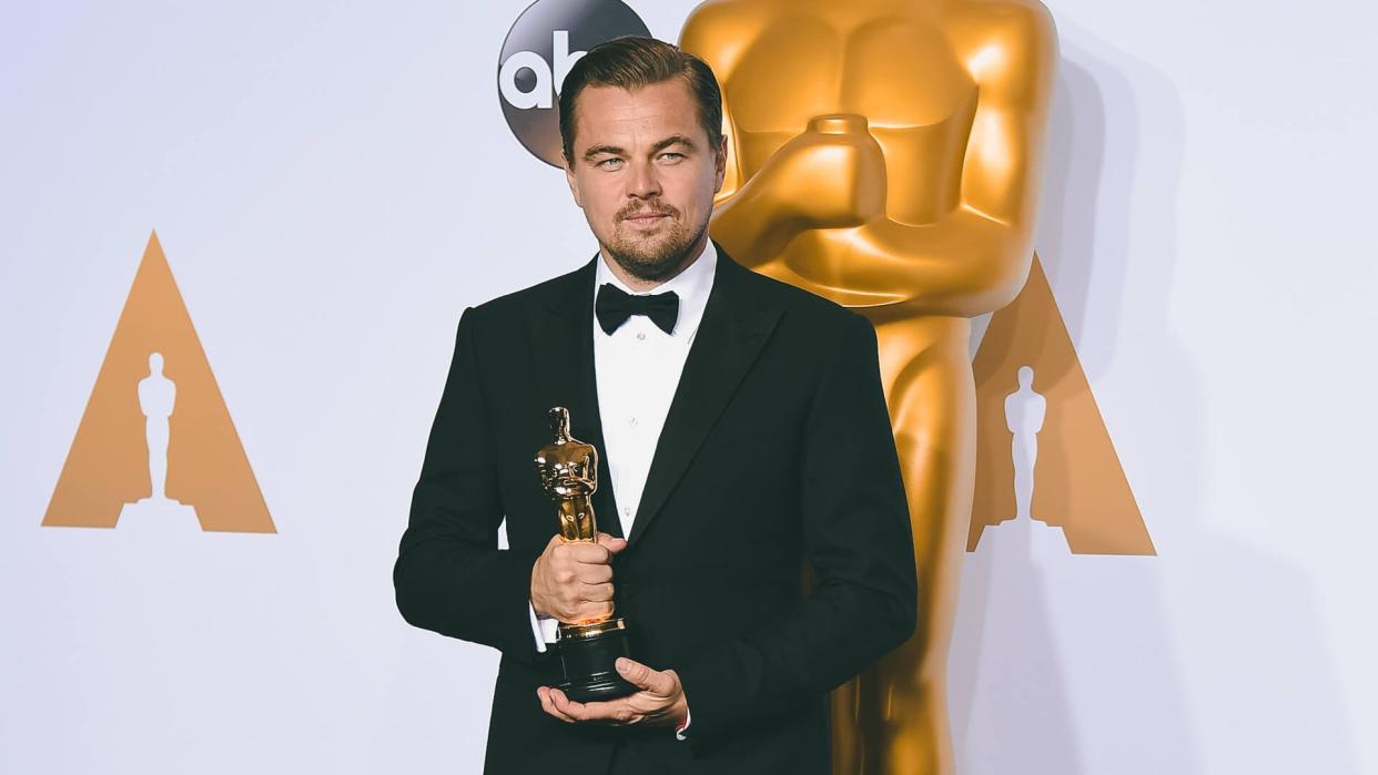Leonardo DiCaprio poses in the press room with the award for best actor in a leading role for The Revenant at the Oscars, at the Dolby Theatre in Los Angeles88th Academy Awards - Press Room, Los Angeles, USA.