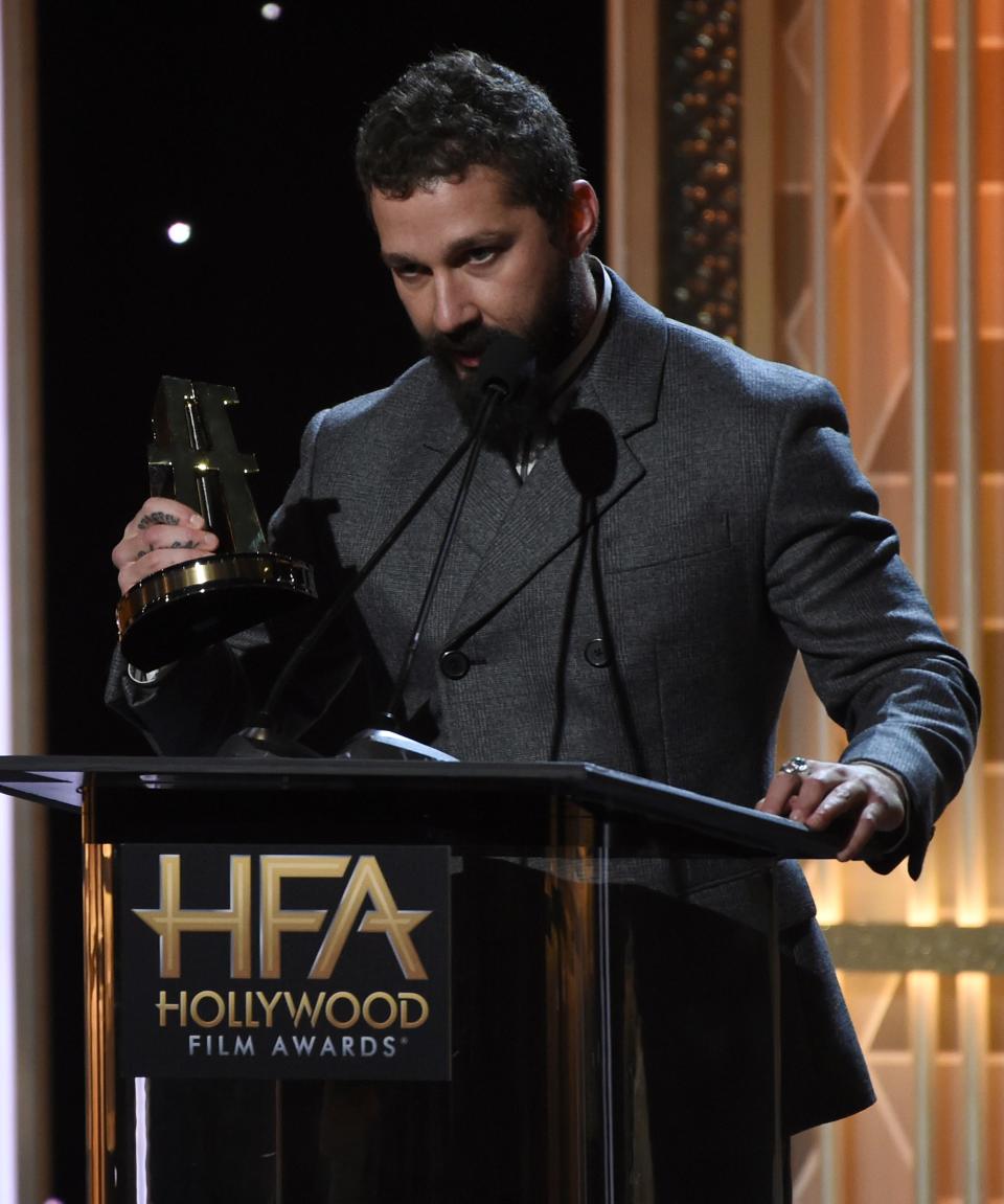 Shia LaBeouf accepts the Hollywood breakthrough screenwriter award for "Honey Boy" at the 23rd annual Hollywood Film Awards Sunday.