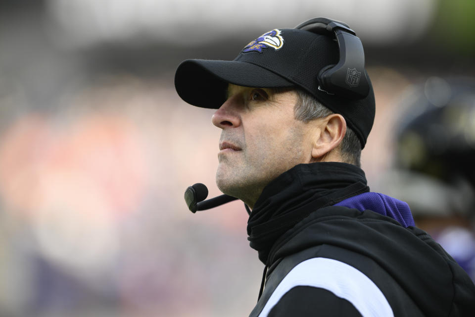 Baltimore Ravens head coach John Harbaugh watches from the sideline in the first half of an NFL football game against the Denver Broncos, Sunday, Dec. 4, 2022, in Baltimore. (AP Photo/Nick Wass)