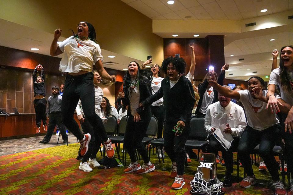 The Texas Longhorns react to being the region four No. 1 seed during the NCAA women’s basketball tournament selection show at UT on Sunday.