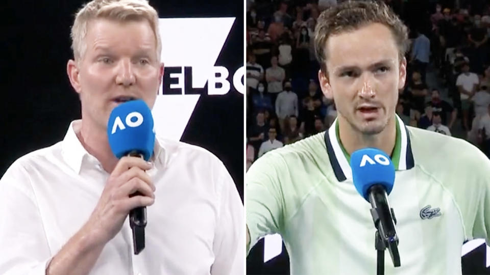 Daniil Medvedev, pictured here during his on-court interview at the Australian Open.