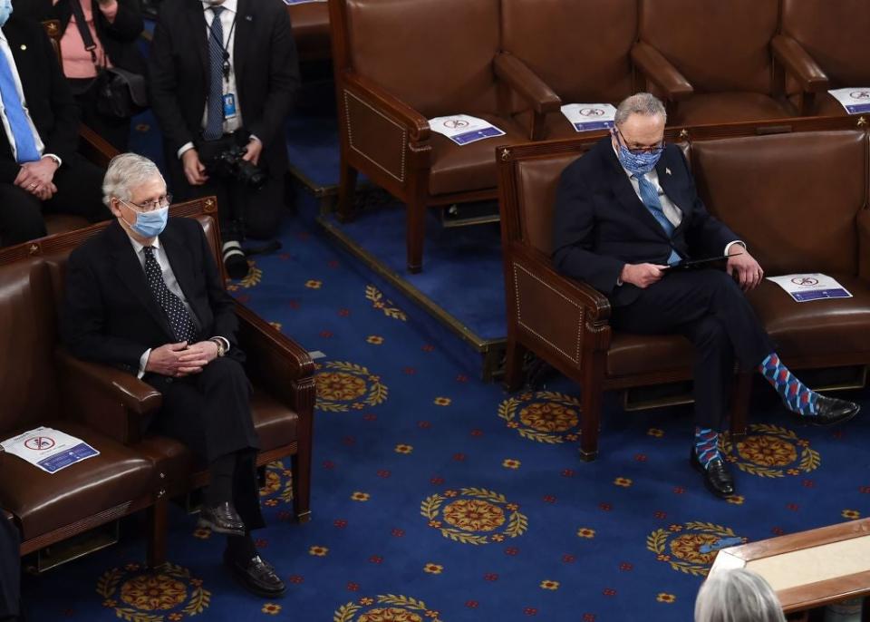 Mitch McConnell, left, and Chuck Schumer are in negotiations about how a 50-50 Senate will function. (POOL/AFP via Getty Images)