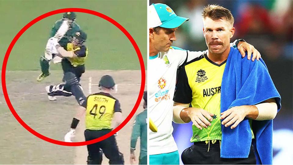 David Warner (pictured left) hits a double bounce ball for six and (pictured right) taking a break.