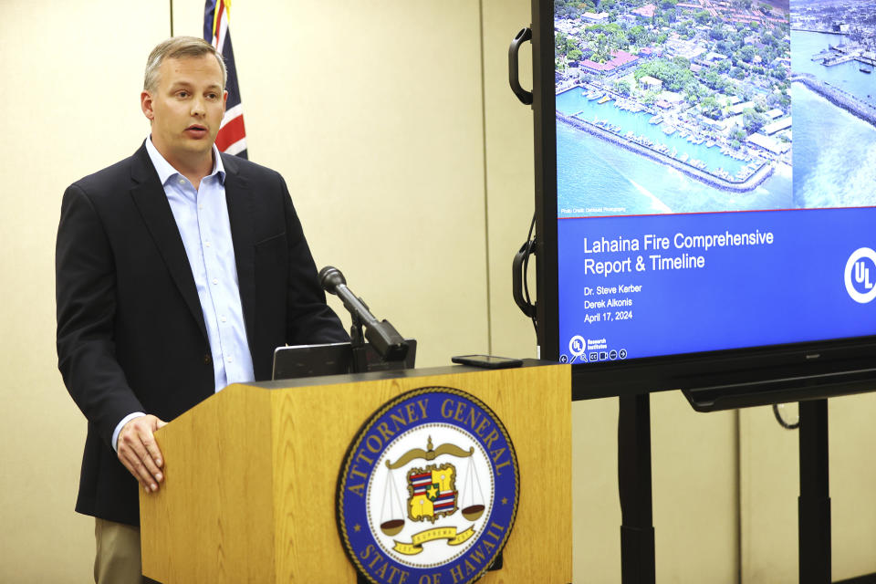 Fire Safety Research Institute (FSRI) member Steve Kerber speaks about the Maui Wildfire Phase One Report findings during a press conference on Wed, April 17, 2024, in Honolulu. (AP Photo/Marco Garcia)