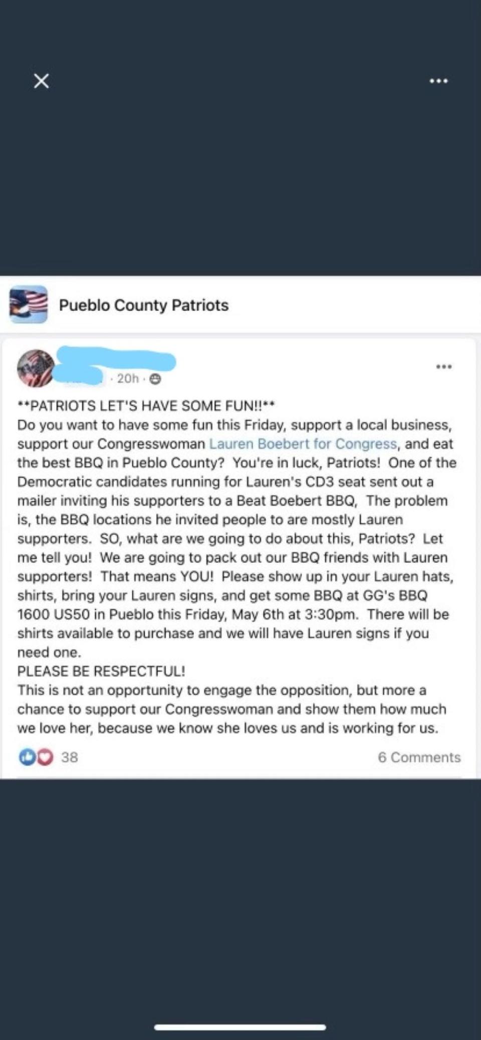 A message posted on a Facebook group, urging supporters of U.S. Rep. Lauren Boebert to "pack out" GG's BBQ restaurant on the day Democrat Adam Frisch was planning to campaign there.