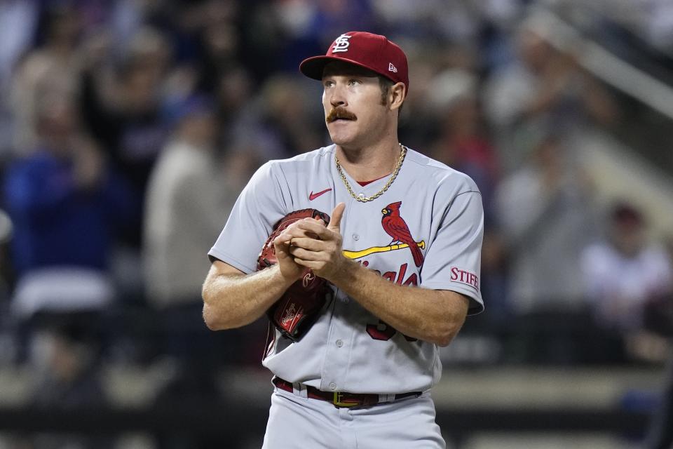 St. Louis Cardinals starting pitcher Miles Mikolas rubs up a new ball after New York Mets' Daniel Vogelbach hit a home run during the sixth inning of a baseball game Friday, June 16, 2023, in New York. (AP Photo/Frank Franklin II)