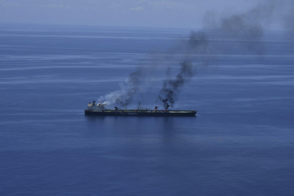 This photo released by the European Union's Operation Aspides shows fires on board the oil tanker Sounion in the Red Sea on Sunday, Aug. 25, 2024. The EU mission said Monday there were no signs of an oil spill on the Sounion, which has been repeatedly attacked by Yemen's Houthi rebels as part of their campaign against shipping linked to the war between Israel and Hamas in the Gaza Strip. (European Union's Operation Aspides via AP)