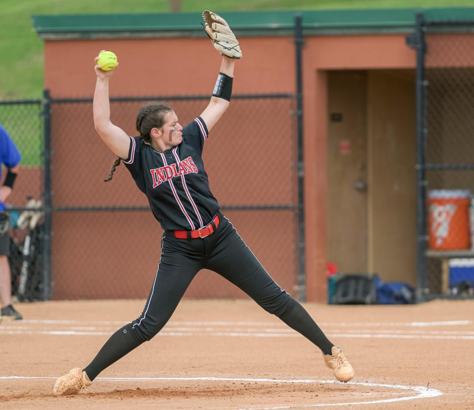 Fort White's Kadence Compton (24) pitches during the state championship game between Fort White High School and Jay High School at Legends Way Ballfields in Clermont on Wednesday, May 25, 2022.