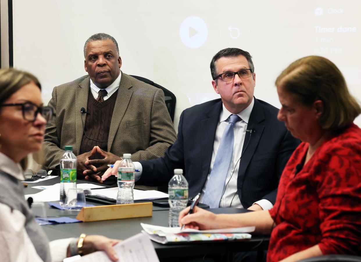 From left, Brockton School Committee Vice Chair Kathy Ehlers, Acting Superintendent James Cobbs, Mayor Robert Sullivan and School Committee member Judy Sullivan listen at a special Brockton school committee meeting at the Arnone School on Wednesday, Jan. 31, 2024, to discuss safety and security at Brockton High School.