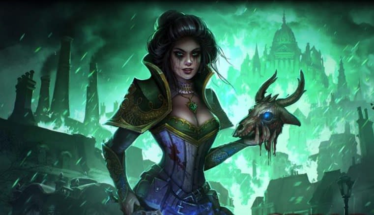 An image of a noble lady from Grim Dawn, holding a decapitated head and smiling sinisterly at the viewer.