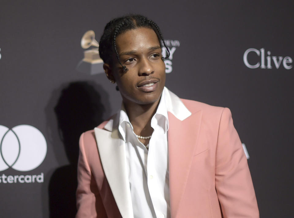 FILE - This Feb. 9, 2019 file photo shows A$AP Rocky at Pre-Grammy Gala And Salute To Industry Icons in Beverly Hills, Calif. Prosecutors in Sweden are dropping the investigation of a man they say was involved in a fight with American rapper A$AP Rocky. The platinum-selling, Grammy-nominated artist whose real name is Rakim Mayers, has been behind bars since early this month as police investigate the fight in Stockholm.(Photo by Richard Shotwell/Invision/AP, File)