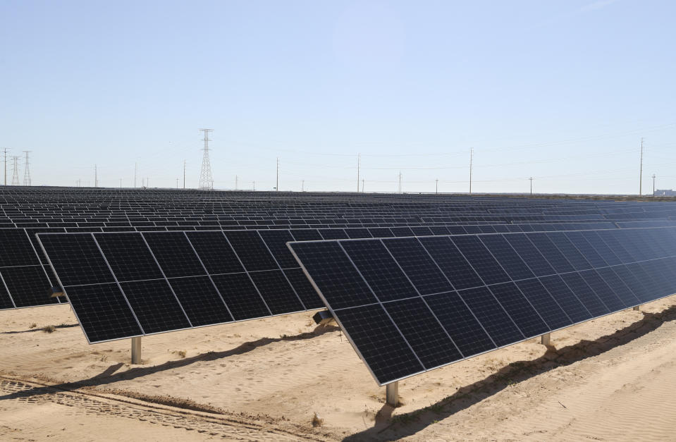 A general view of the largest solar plant in all of Latin America, which is being built by the state electric utility CFE, in Puerto Penasco, Sonora state, Mexico, Thursday, Feb. 2, 2023. (Raquel Cunha/Pool Photo via AP)