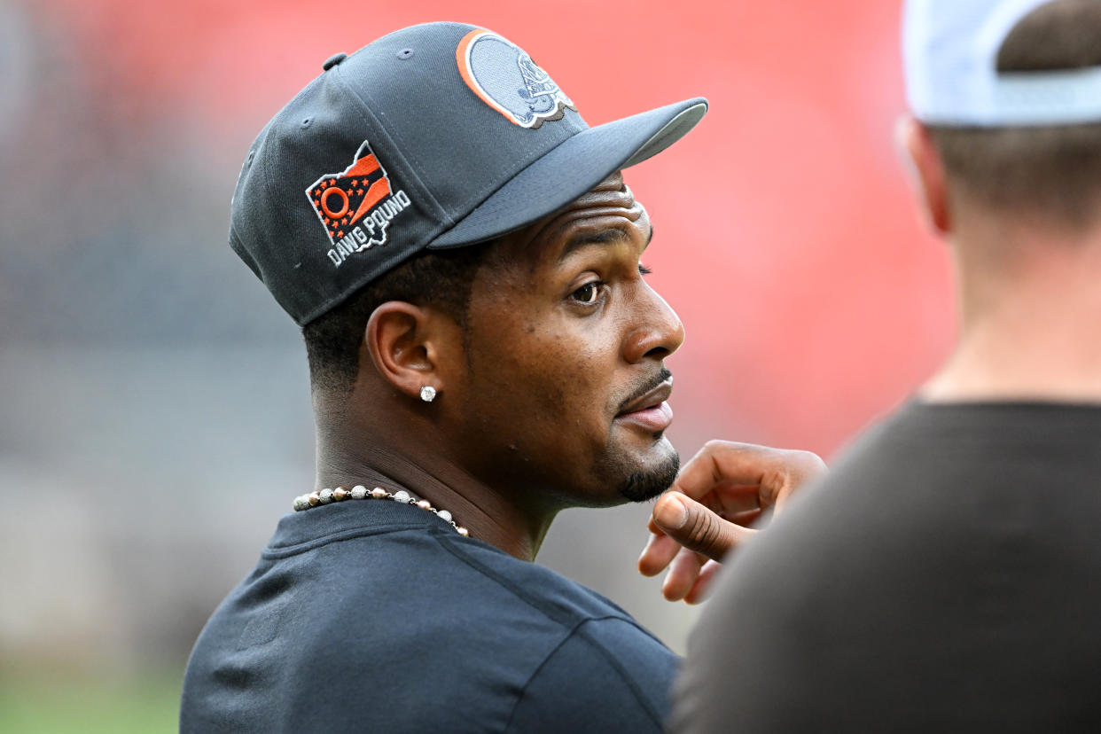 CLEVELAND, OHIO - AUGUST 17: Deshaun Watson #4 of the Cleveland Browns looks on prior to a preseason game against the Minnesota Vikings at Cleveland Browns Stadium on August 17, 2024 in Cleveland, Ohio. (Photo by Nick Cammett/Diamond Images via Getty Images)