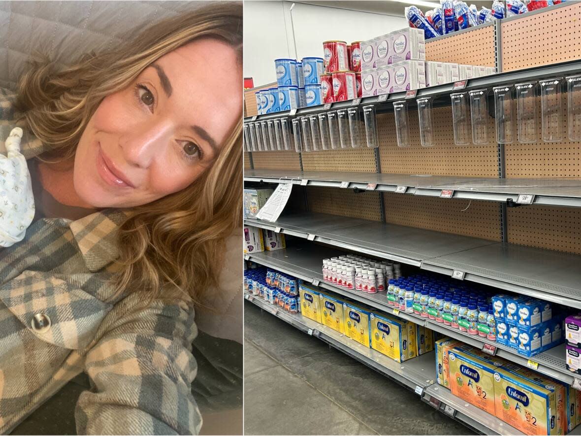 Heather Oliver says she's been to every grocery store and pharmacy she can think of to find her infant son's usual powdered formula, but shelves have been bare for the past six to eight weeks. (Submitted by Heather Oliver - image credit)