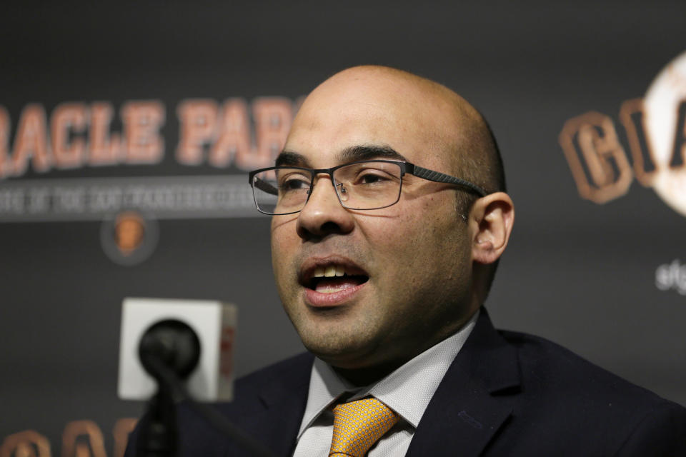 San Francisco Giants President of Baseball Operations Farhan Zaidi during a news conference at Oracle Park Monday, Nov. 11, 2019, in San Francisco. The Giants hired Scott Harris from the Chicago Cubs to become general manager, filling a void of more than a year after the club had gone without a GM during president of baseball operations Farhan Zaidi's first season in the position.(AP Photo/Eric Risberg)