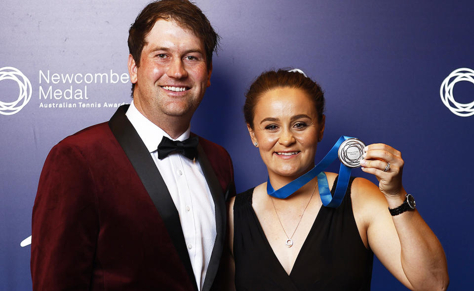 Ash Barty, pictured here with the Newcombe Medal alongside husband Garry Kissick.